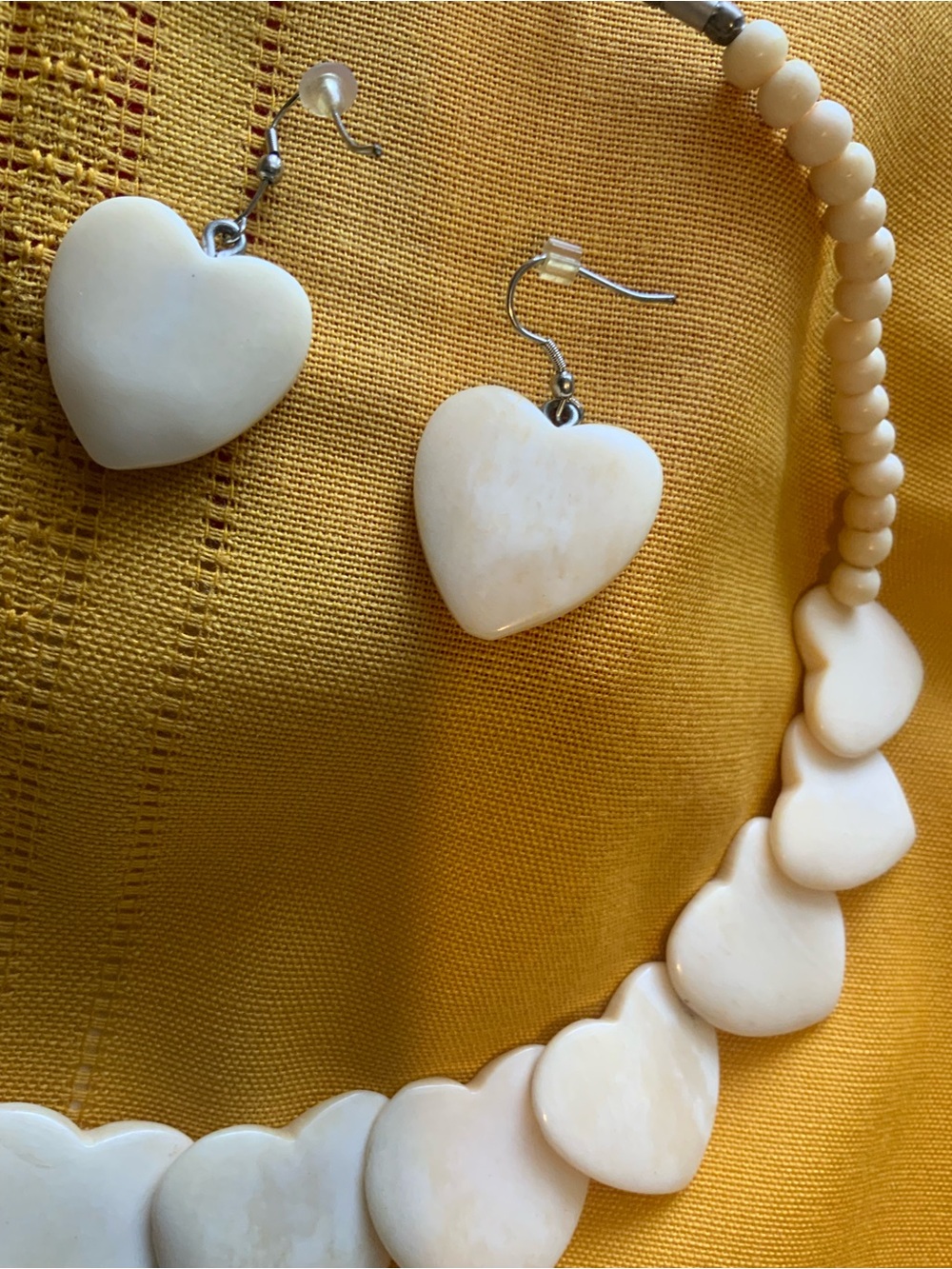 Vintage Natural Cream Color Carved Heart Statement Necklace Earrings Set